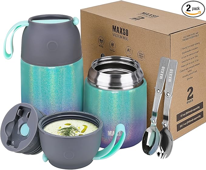 MAXSO 2 Pack Soup Thermo for Hot & Cold Food for Kids Adults, Vacuum Insulated Food Jar Thermal Lunch Containers, Travel Food Flask with Spoon (24 oz,17 oz) (Glitter Rainbow)