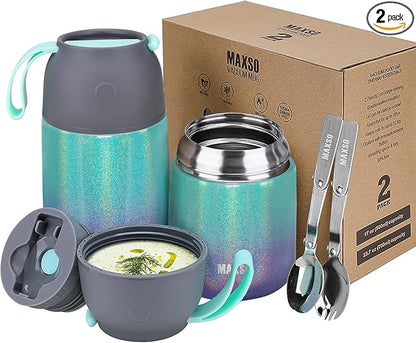 MAXSO 2 Pack Soup Thermo for Hot & Cold Food for Kids Adults, Vacuum Insulated Food Jar Thermal Lunch Containers, Travel Food Flask with Spoon (24 oz,17 oz) (Glitter Rainbow)
