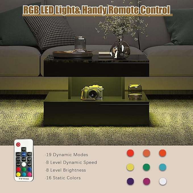 Small Black Led Coffee Table for Living Room, 23.6" Wood Square 2-Tier Storage Modern Center Table, Modern High Glossy Wooden Coffee Tables for Small Space