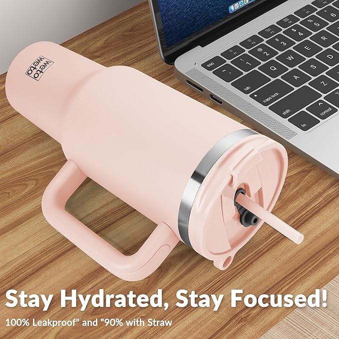 WETOWETO 40oz Tumbler with Handle and Lid | 100% Leakproof Insulated Stainless Steel Travel Mug | Keeps Cold 34Hrs/Hot 10Hrs | Dishwasher Safe, Fits Car Cup Holder (Rose Quartz Color)