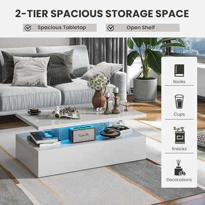 Tangkula LED Coffee Table, Modern High Gloss Coffee Table w/ 20-Color LED Lights, Adjustable Speed & Brightness, Remote Control, Open Shelf, 2-Tier Rectangle Living Room Center Table (White)