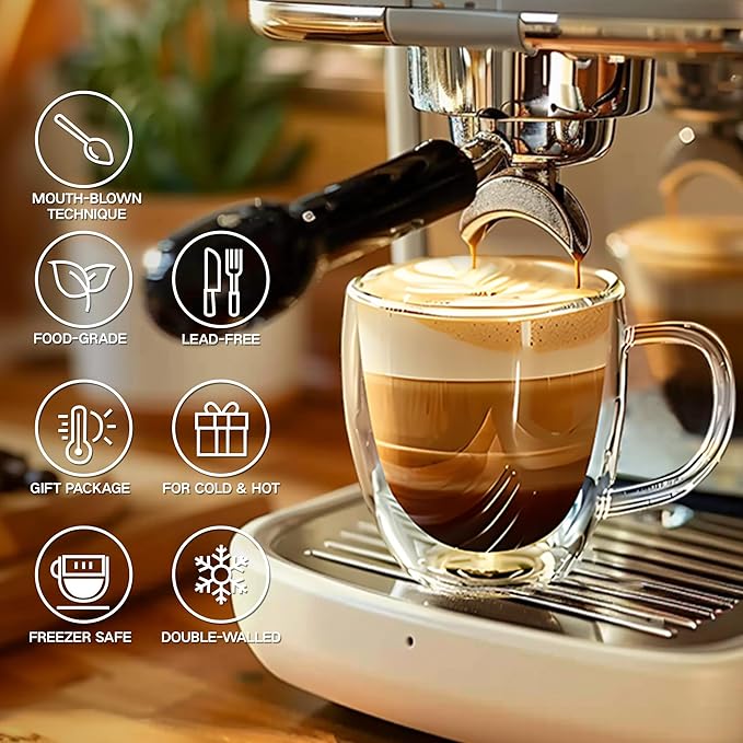 8 Ounces Set of 4 Double Walled Glass Coffee Mugs with with Handle Insulated Layer Coffee Cups Borosilicate Glass Espresso Double Insulated Clear Glass Coffee Mug for Hot Beverages