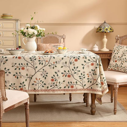 Designer Floral Small Rectangle Tablecloth,French Linen Light Beige Indoor Table Cloth,Fall Wrinkle Resistant Decor Tablecloths for Dining Thanksgiving Kitchen,55"*71"-Flora A
