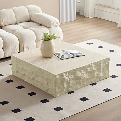 Faux Rock Coffee Table,Drum Coffee Table Fiberglass Square Tea Table for Living Room, Accent Imitation Stone Central Table No Need Assembly, Beige White