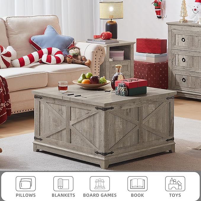 Farmhouse Coffee Table with Hidden Storage Organizer, Modern Square Large Center Table, Wood Farm House Low Rustic Light Oak Living Room Tables with Hinged Lift Top for Home, Office
