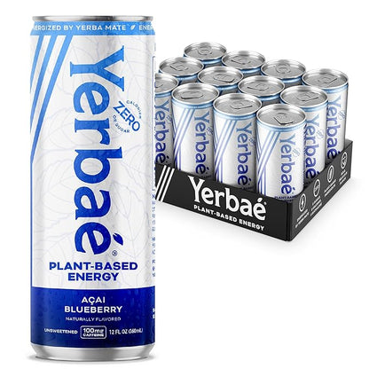 Yerbaé Energy Seltzer - Acai Blueberry, No Sugar/Calories/Carbs. Energized by Yerba Mate, Naturally Caffeinated, Plant-Based, Healthy Alternative to Coffee Sugary Sodas, Pack of 12, 12oz cans