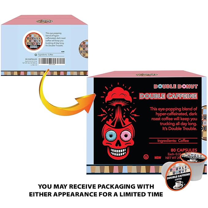 Double Donut High Caffeine Coffee Pods, Extra Strong Double Caffeine Coffee Cups for Keurig K Cup Brewer Machines Single Serve Dark Roast Coffee, 80 Count