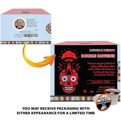 Double Donut High Caffeine Coffee Pods, Extra Strong Double Caffeine Coffee Cups for Keurig K Cup Brewer Machines Single Serve Dark Roast Coffee, 80 Count