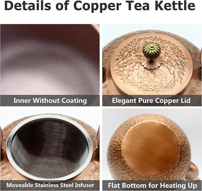 50.7oz Elegant Chinese Style Copper Tea Kettle For Stovetop, Non-Coating Pure Copper Teapot with Stainless Steel Infuser For Loose Tea, Large and Solid Tea Pot(1500ml)