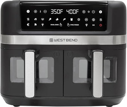 West Bend Double Up Air Fryer Dual Basket 10-Quart Capacity with Digital Controls View Windows and 15 Cooking Presets, Nonstick Frying Baskets, Dual-Zone Cooking, 1600-Watts, Black