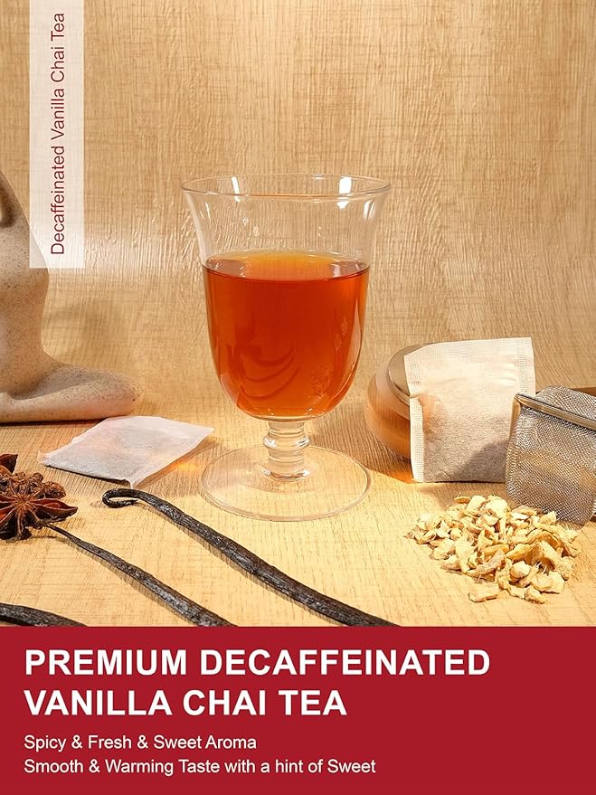 TeeLux Vanilla Decaf Chai Tea Bags, Decaffeinated Black Tea with Cinnamon, Ginger, Cardamom, Natural Vanilla Flavor, Full-bodied & Spicy Flavor, 100 Count