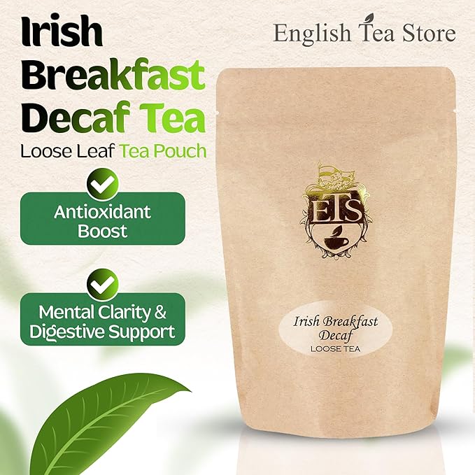 English Tea Store CO2 Decaffeinated Irish Breakfast Tea Pouches - 4oz | Loose Leaf Black Tea | Bold Full-Bodied Flavor | Blend of Assam and Kenyan Teas | Naturally Decaffeinated Using CO2 Process