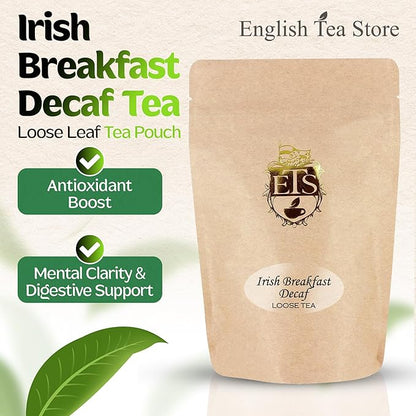 English Tea Store CO2 Decaffeinated Irish Breakfast Tea Pouches - 4oz | Loose Leaf Black Tea | Bold Full-Bodied Flavor | Blend of Assam and Kenyan Teas | Naturally Decaffeinated Using CO2 Process