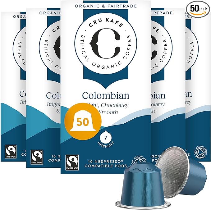 Cru Kafe Colombian USDA Organic Espresso Coffee Capsules (50 Pods) Fairtrade Coffee Pods Compatible with Nespresso Original Line and Pixie Machines