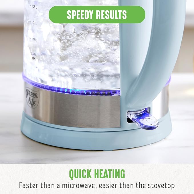 GreenLife 1.7 Liter Glass Electric Kettle, Easy One Touch Use, Quick Heating, Filtered Spout, LED Base, Auto Shut-Off, Cordless Serving, Coffee and Tea, Blue Haze