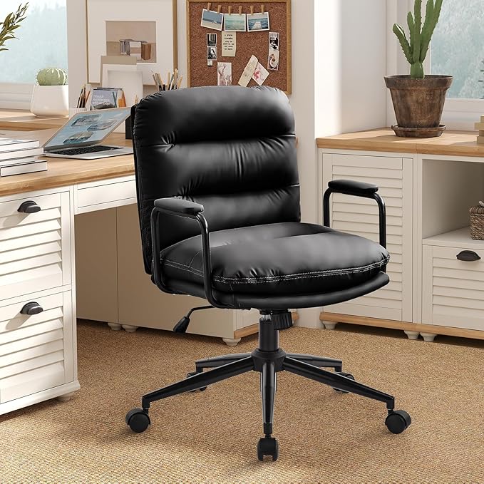 Furniliving Leather Home Desk Chair, Comfortable Executive Office Chair with Wheels, Ergonomic Computer Task Chair Adjustable Height, Black