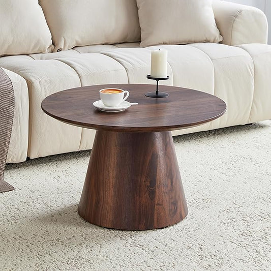 25.6" Small Round Coffee Table, Wood Mid Century Modern Coffee Tables with Pedestal Base, Space Saving Circle Center Table for Living Room, Small Space, Apartment (Walnut)