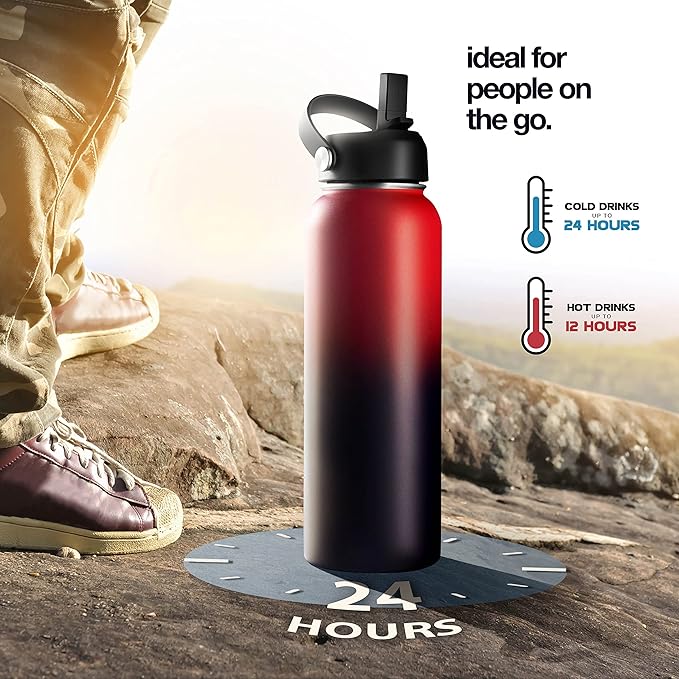 Stainless Steel Insulated Water Bottle and Travel Mug for Hot and Cold Beverages, Wide Mouth, Double Wall Insulated Hydration Sports Water Bottle for Hiking, Biking, Outdoor, 32 OZ BPA Free