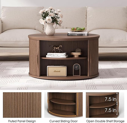 Round Coffee Table with Lifting Top,31.5”Mid Century Modern Lift Top Coffee Table with Hidden Compartment,Fluted Small Center Table for Living Room,Walnut