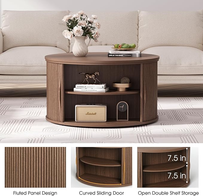 Lift Top Coffee Table with Storage,31.5”Mid Century Modern Round Center Table with Hidden Compartment,Fluted Small Dining Table for Living Room,Home Office,Walnut