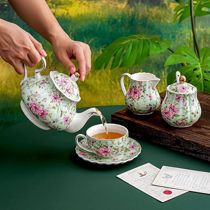 Flower Ceramic Teapot,22oz Porcelain Tea pot for Tea Coffee Milk for Office Home Men Women as Gift (Green)