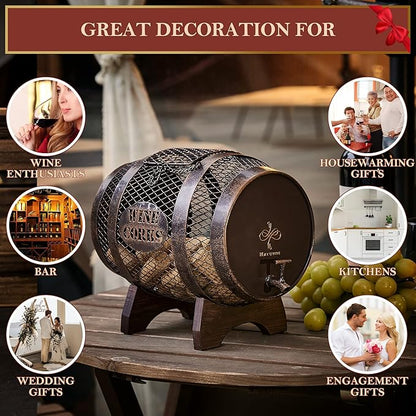 Rustic Metal Large Barrel Wine Cork Holder Display On Wooden Stand, Container for Display, Home Decor, Housewarming Gifts, Home Bar Decor, Wine Gifts, Engagement Gifts, Kitchen Decor