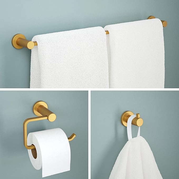 Franklin Brass Kildare 3-Piece Bathroom Set Satin Gold 18" + 6" Towel Rack, Toilet Paper Holder/Hand Towel Holder, Hook | 3-Piece Bath Hardware Accessories Set KLD63-SG
