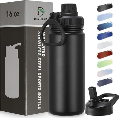 DOMICARE 16 oz Kids Water Bottle for School Stainless Steel Double Wall Vacuum Insulated Water Bottle with Straw lids & Spout Lid, Leakproof BPA Free （Black,1)