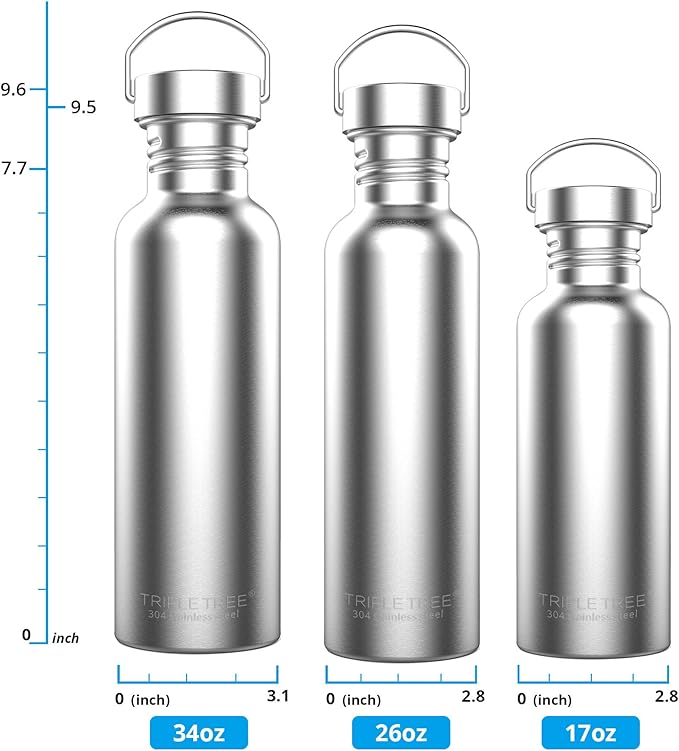 TRIPLE TREE 34 OZ Uninsulated Single Walled Stainless Steel Sports Water Bottle 18/8 Food Grade for Cyclists, Runners, Hikers, Beach Goers, Picnics, Camping - BPA Free