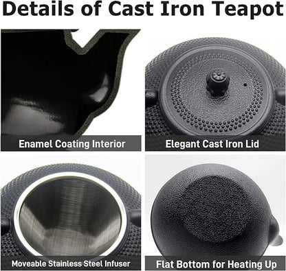 Big Cast Iron Teapot, Japanese Tetsubin Tea Kettle for Stovetop Safe, Cast Iron Teapot with Stainless Steel Infuser for Loose Tea and a Fully Enameled Interior (1500ml Tea Set with Cups)