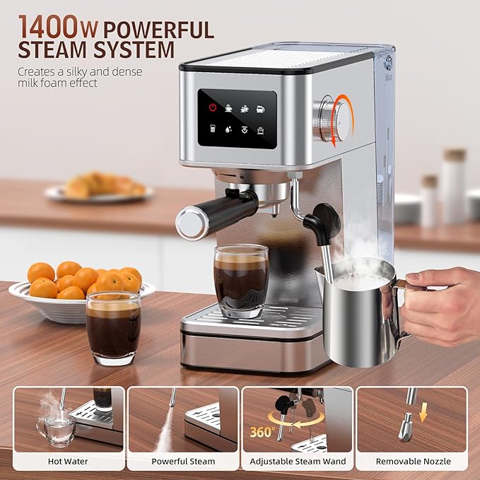 Espresso Machine with Milk Frother, 20 Bar Compact Espresso Maker with Touch Screen & 57.5oz Removable Water Tank for Home, Stainless Steel Coffee Machine for Cappuccino, Latte, Silver(updated)