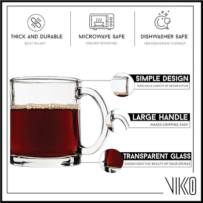 Vikko Glass Coffee Mug Set of 6, 10.75 Ounce Clear Mugs, Microwave and Dishwasher Safe