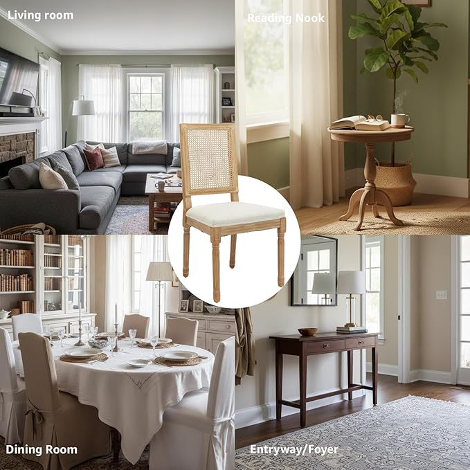 French Country Dining Chairs Set of 4, Beige Modern Kitchen & Dining Room Chairs, Rattan Dining Chair with Linen Upholstered Cushion, High Cane Back, Wood Legs, Sillas de Comedor (Beige, 4 Pcs)