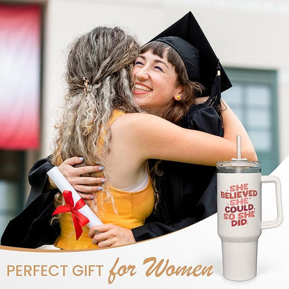 SANDJEST Graduation Gifts for Women She Believed She Could So She Did Tumbler 40oz Stainless Steel Insulated with Handle and Straw, New Job, Going Away, Inspirational Gifts for Her
