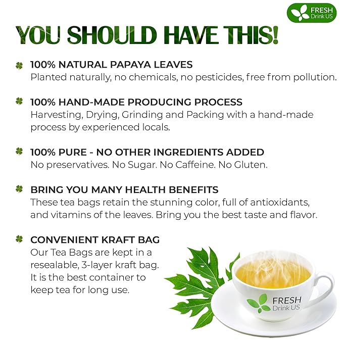 FreshDrinkUS, Premium 75 Papaya Leaf Tea Bags, 100% Natural & Pure from Papaya Leaves. Loose Leaf Herbal Tea. Made with Natural Material Tea Bags. No Sugar, No Caffeine, No Gluten, Vegan.