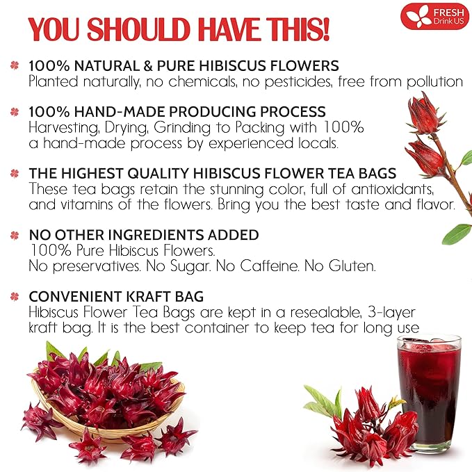 FreshDrinkUS, Premium 235 Hibiscus Flowers Tea Bags, 100% Natural, Pure from Hibiscus Flowers. Loose Flower Herbal Tea. No Sugar, No Caffeine, No Gluten, Vegan.