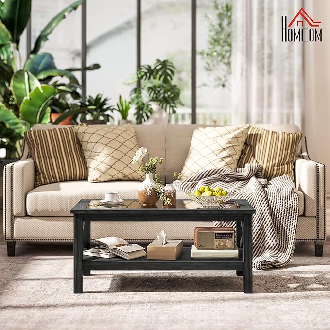 HOMCOM Glass Coffee Table, Modern Farmhouse Center Table with Storage, Side Table for Living Room with Classic X-Bar Style Sides, Black