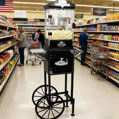 10oz Popcorn Machine with Cart, Wheels & Stainless Steel Kettle, Vintage Movie Theater Style, Popcorn Maker Machine for Parties, Events, Home & Commercial Use, Black