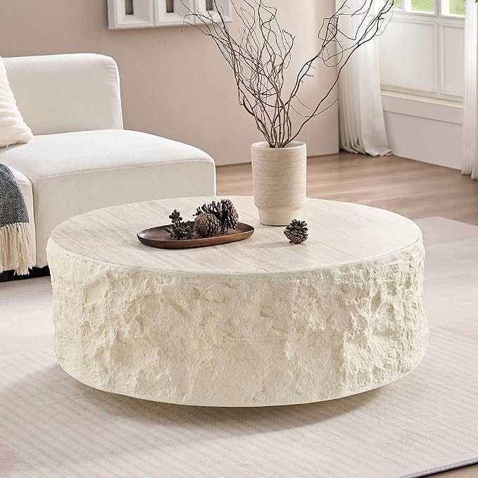 Faux Rock Coffee Table,Drum Coffee Table Fiberglass Round Tea Table for Living Room, Accent Imitation Stone Central Table No Need Assembly, Beige White