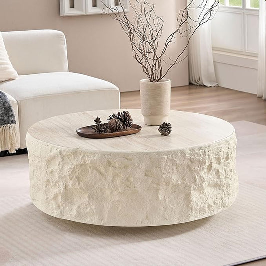 Faux Rock Coffee Table,Drum Coffee Table Fiberglass Round Tea Table for Living Room, Accent Imitation Stone Central Table No Need Assembly, Beige White