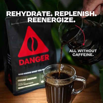 Danger Coffee by Dave Asprey, Remineralized, Mold Free & Lab Tested Swiss Water Decaf Whole Bean Coffee, Medium Roast, Decaffeinated 10.9 Ounce