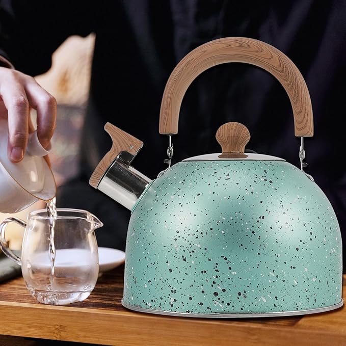 Hemoton Whistling Tea Kettle for Stovetop Stainless Steel Tea Pot Kettles Water Kettle Stove Coffee Kettle with Cool Grip Ergonomic Handle for Boiling Water 2L Green