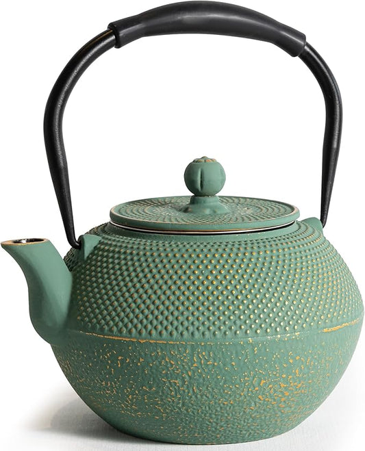 Cast iron Teapot, Tea Kettle for Stovetop Safe with Stainless Steel Infuser, Japanese Hand-made Tea Pot Coated with Enameled Interior for 42oz, 1200ml Green