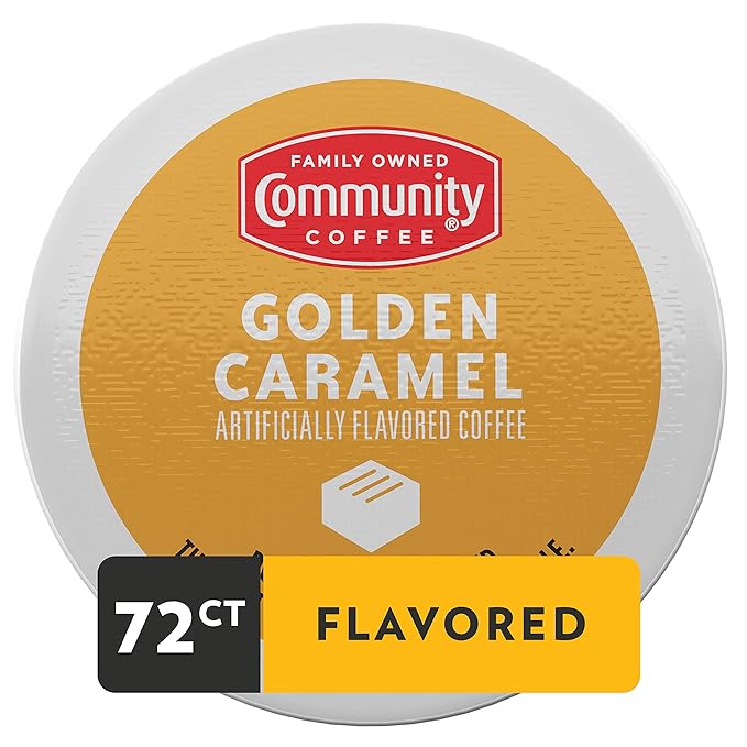 Community Coffee Golden Caramel Flavored 72 Count Coffee Pods, Medium Roast, Compatible with Keurig 2.0 K-Cup Brewers, 12 Count (Pack of 6)