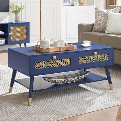 JYED Mid Century Wood Modern Coffee Table with Metal Mesh Decorated Storage Drawers,Blue Accent Center Table with Open Shelf,Rectangular Table for Living Room