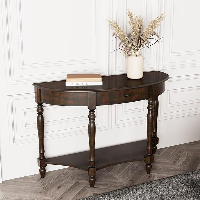 Solid Wood Console Table with Drawer and Storage Shelf, 45.3" Traditional Retro Semi-Circle Entryway Table Polished Edging Half-Moon Narrow Tables for Living Room Hallway Home, Vintage Walnut
