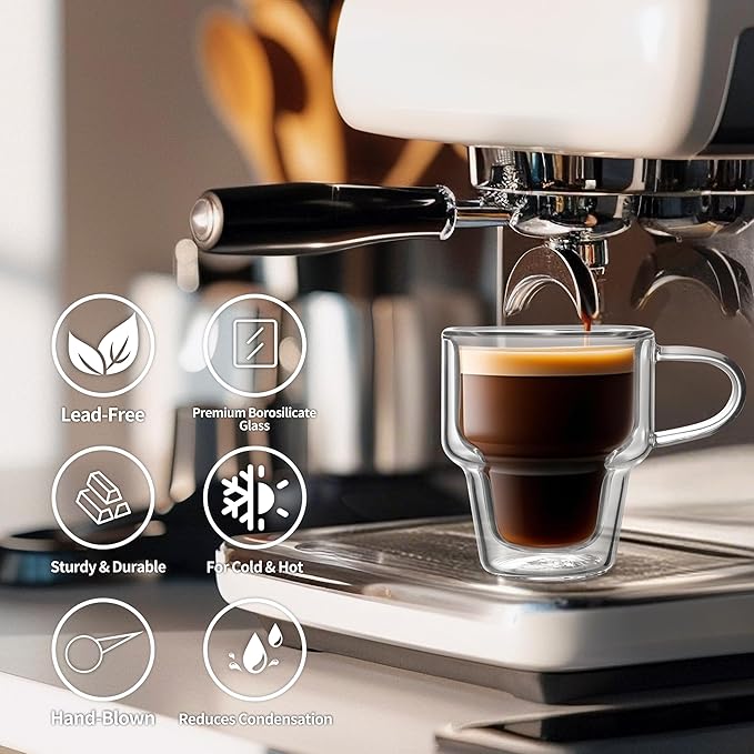 NIRA.Z 4 Pack Double Wall Glass Coffee Mugs 10 OZ Insulated Espresso Cups with Handle, Stackable Thermal Glass Coffee Cups, Ideal for Hot & Cold Drinks, Juice, Americano, Latte, Tea Bags, Cappuccinos