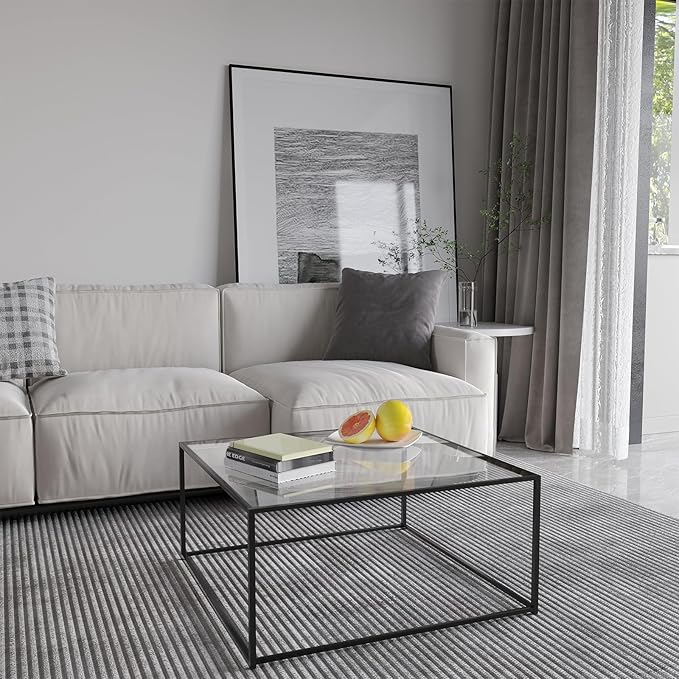 Glass Coffee Table Modern Center Table,Minimalist Coffee Table Sofa Side Tea Table for Living Room,Tempered Glass-top with Sturdy Metal Frame, Easy Assembly,26.4 x 26.4 x 15.7 Inches, Black