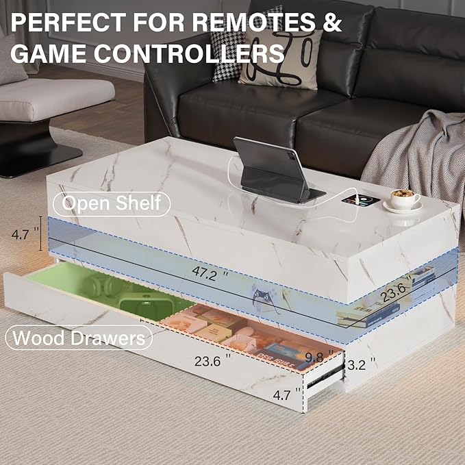 LED Coffee Table, 47.2" Coffee Tables with Storage Drawers, Smart Living Room Table with Wireless Charging & Bluetooth Speaker,Modern Center Tables for Living Room, White Marble
