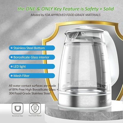 Glass & Stainless Steel Cordless Electric kettle for boiling water, Hot water boiler Electric Tea Kettle automatic shut off Boil-Dry Protection, PC Outer + Glass Inner, 1500W, 1.7L, WH